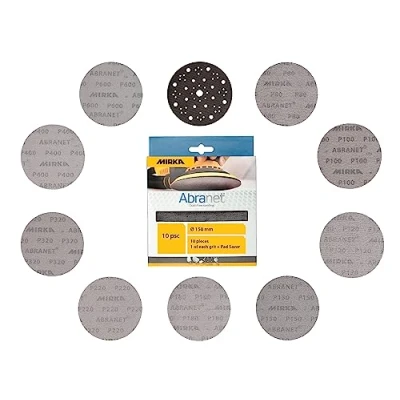 Image of Mirka Abranet net sanding discs Ø 150 mm Hook &amp; loop / Mix pack 1 of each grit 80, 100, 120, 150, 180, 220, 320, 400, 600 + protective disc 10 pcs for all eccentric sanders and grinders