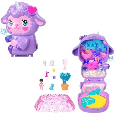 Image of Polly Pocket Dolls &amp; Playset, Cozy Dreamland Lamb Compact, Travel Toy with 1 Micro Doll, Pet Unicorn, Food Fashion Styling Accessories, JCB15