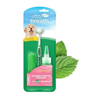 Image of TropiClean Fresh Breath Puppy Teeth Cleaning Oral Care Kit Freshener Dental Complete Dog Toothbrush For Puppies Helps Remove Plaque &amp; Tartar, Puppies, 59ml (Packing May Vary)
