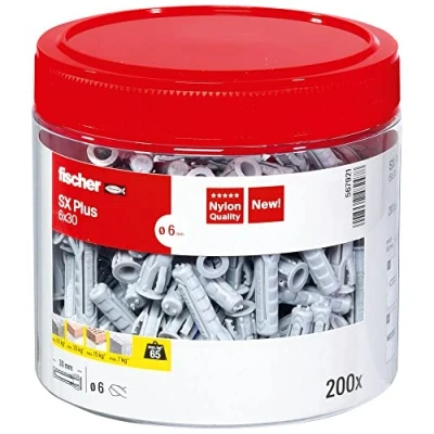 Image of fischer 567921 SX Plus Expansion Wall Plug, 6mm x 30mm, Tin of 200 Plugs