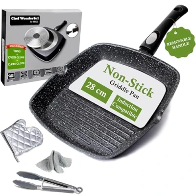 Image of Chef Wonderful Non Stick Griddle Pan for All Hobs with Glove &amp; Cloth. Aluminium Steak (28cm) Marble Coating Detachable Handle. Induction Gas hobs. Grill Oven