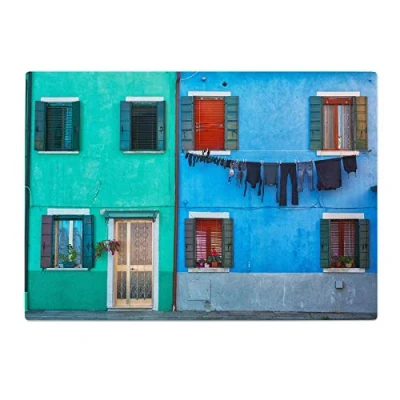 Image of Blue Teal Green Window Kitchen Worktop Protector Saver Glass Chopping Board