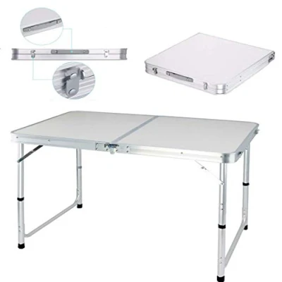 Image of Height Adjusting Folding Camping Table, Meeting Lightweight Aluminium Foldable Portable Picnic Table For Outdoor Indoor Kitchen Garden Party Compact Small Bbq, White