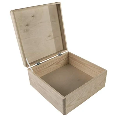 Image of Square Medium Wooden Storage Box with Hinged Lid &amp; Holding Tape 30 x 14 cm Memory Keepsake Chest Unpainted Plain Pine to Decorate Craft