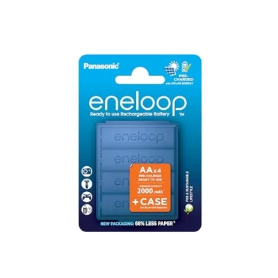 Image of eneloop, AA/Mignon, Rechargeable Battery, Pack of 4 + Case, Capacity 2000 mAh, Ready to Use Ni MH Batteries, Recharge Cycles, Plastic Free Packaging, Standard, White