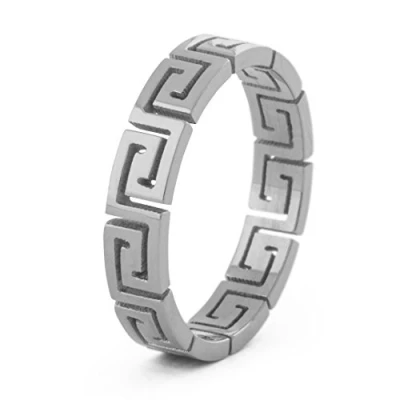 Image of Akitsune Argius Ring Greek Ornament Design Womens Mens Stainless Steel Filigree Meander Silver US 8