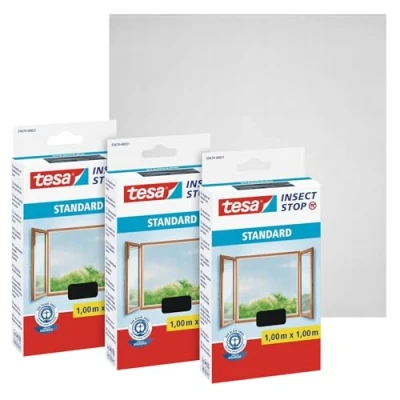 Image of tesa UK Insect Stop Hook and Loop Standard for Windows Self Adhesive Window Fly Screen Cut to Desired Size in Anthracite, 3X 100 cm x cm, Clear, (55670 00500 03)