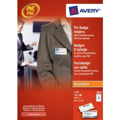 Image of Avery 4821 Printable and Customisable Name Badges with Plastic Cases Pins (70 x 45 mm Badges, Pack of 100) White