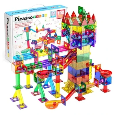 Image of PicassoTiles Marble Run 100 Piece Magnetic Tile Race Track Toy Play Set STEM Building &amp; Learning Educational Magnet Construction Child Brain Development Kit Boys Girls Age 3 4 5 6 7 8+ Years Old Toys