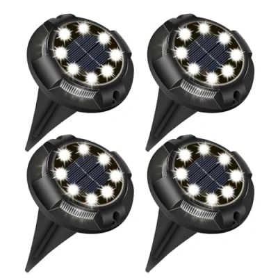 Image of EXTRASTAR Solar Ground Lights 12 LEDs, 4 Pack Disk Powered, IP65 Waterproof Path Outdoor Garden 6500K Daylight
