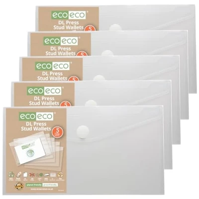 Image of eco DL 95% Recycled Clear Press Stud Popper Wallet, Plastic Folders (Pack of 25), eco156x25