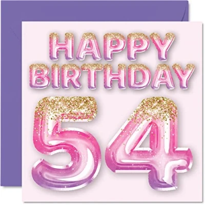 Image of 54th Birthday Card for Women Pink &amp; Purple Glitter Balloons Happy Cards 54 Year Old Woman Mum Nanny Grandma Gran Auntie, 145mm x Fifty Four Fourth Bday Greeting Gift