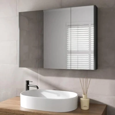 Image of AURORA® 900 x 650mm Bathroom Mirror Cabinet Storage Wall Mounted Cupboard Ready Assembled Unit Triple Mirrored Door, Grey Gloss