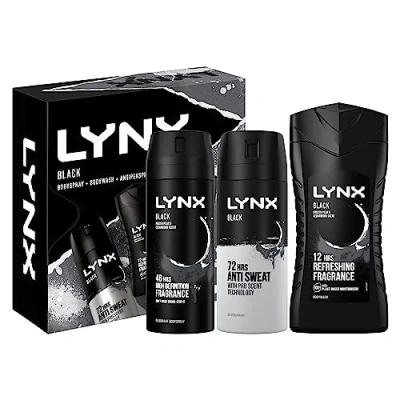 Image of LYNX Black Trio Deodorant Gift Set Body Wash, Spray &amp; Anti Perspirant perfect for his daily routine 3 piece