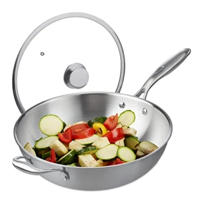 Image of Relaxdays Wok, 32 cm, Uncoated Stainless Steel, Glass Lid, Gas, Induction &amp; Electric Hobs, Stir Fry Pan, Handle, Silver