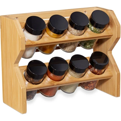 Image of Relaxdays 10028824 Spice Rack with 8 Storage Jars, Shaker Inserts &amp; Screw Caps, Standing Hanging, Bamboo Shelf, Natural, Glass, Plastic, 1 Liter