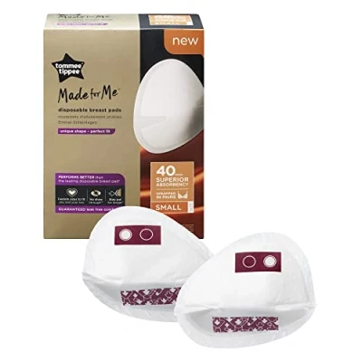 Image of Tommee Tippee Made for Me Daily Disposable Breast Pads, Small, 40 Pack, Soft, Absorbent and Leak Free, Contoured Shape, Adhesive Patch