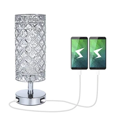 Image of Tomshine Crystal Bedside Table Lamp with Dual USB,Modern Sliver Light E27 Glitter Lampshade 2 USB Port Bedroom Nightstand for Bedroom,Living Room,Guest Room LT070