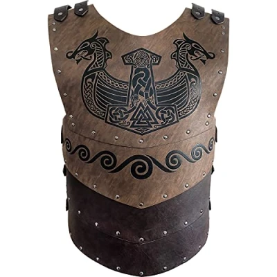Image of HiiFeuer Viking Faux Leather Embossed Langskip Chest Armor, Retro Medieval Knight Armor for LARP/Cosplay (Brown B)
