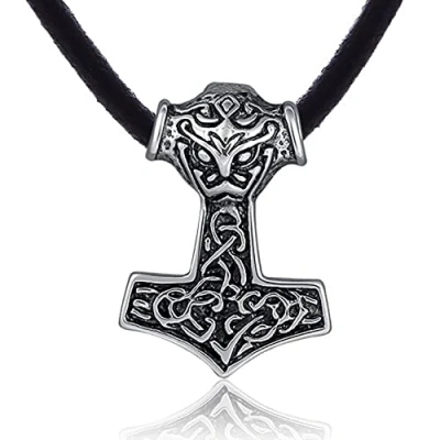 Image of DonDon Men&#039;s Necklace Leather 50 cm 19,7&quot; with Thor Hammer Pendant Stainless Steel in a Black Velvet Gift Bag