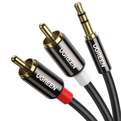 Image of UGREEN RCA to 3.5mm Cable Phono Mini Jack Stereo Lead Gold plated Red and White Aux Headphone Cord Audio Y Splitter Compatible with Hi Fi Amplifier Speaker DJ Controller Turntable TV Car Phone(5M)