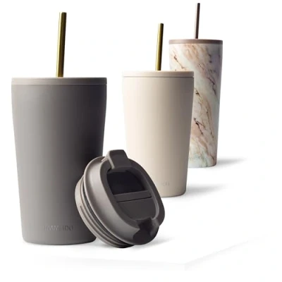 Image of MAMEIDO Travel Mug 470ml &amp; 700ml Leakproof Tumbler with Straw Lid, Stainless Steel Mugs for Cold Hot Drinks BPA Free (Taupe Grey, 0,47l)