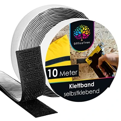 Image of OfficeTree 10m x 20mm Heavy Duty Hook and Loop Tape Black Secure Fixing Attaching Roll Double Sided Self Adhesive Extra Strong Sticky