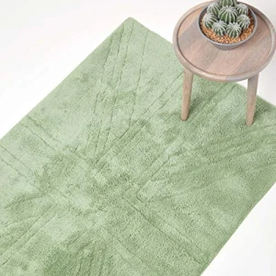 Image of HOMESCAPES 100% Cotton Washable Tufted Rug Union Jack Plain Embossed Mat Sage Green 90 x 150 cm Interior or Extra Large Bath