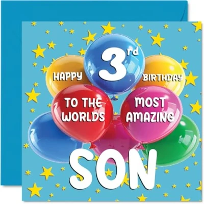 Image of 3rd Son Birthday Card World&#039;s Most Amazing Happy for from Mum Dad, 145mm x Age 3 Three Greeting Cards