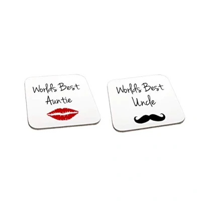 Image of Worlds Best Auntie &amp; Uncle Lips Moustache Wooden Twin Gift Coaster Set Christmas Anniversary Present