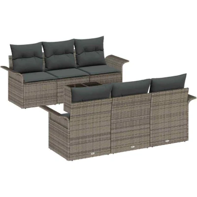 Image of vidaXL 7 Piece Garden Sofa Set with Cushions Grey Poly Rattan