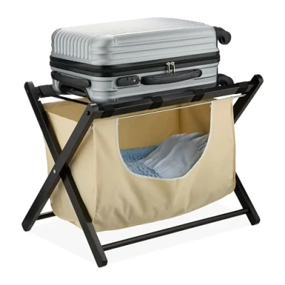 Image of Relaxdays Luggage Stand, Foldable, Wood, HxWxD: 52 x 68 47 cm, Suitcase Rack with Laundry Bag, for Hotels, Black/Beige, Cotton