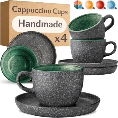 Image of Cosumy Cappuccino Cups and Saucers Set of 4 200ml Ceramic Coffee Cups, 𝗘𝘅𝘁𝗿𝗮 𝗧𝗵𝗶𝗰𝗸 Stoneware Handmade Reactive Glaze Keeps Warm Longer (Green)