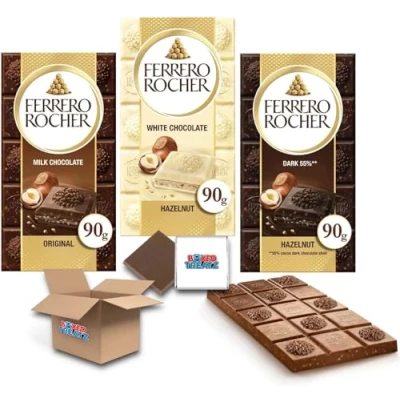 Image of Rocher Bar Variety Bundle: Milk Chocolate + Dark White 90g EACH Boxed Treatz (3pc Flavour 9pcs, 90g)
