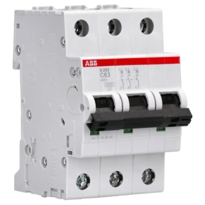 Image of ABB S203 C63 Miniature Circuit Breaker, 3 Pole, Type C, 6/10kA Breaking Capacity, 63 Amp Current (2CDS253001R0634)