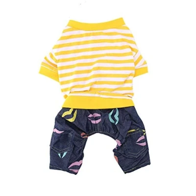 Image of Pet Dog Hooded Clothes Puppy Cat Striped Pajamas Jumpsuit Small Cotton Clothing Costume Hoodies Apparel for Dogs and Cats(Yellow+White L)