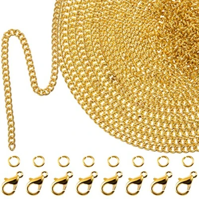 Image of 33 Feet Gold Plated Link Chain Necklace with 30 Jump Rings and 20 Lobster Clasps for Men Women Jewelry DIY Making (1.5 mm)
