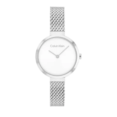 Image of Calvin Klein Analogue Quartz Watch for Women Minimalistic T BAR 28MM Mesh Collection with Silver Stainless Steel Bracelet 25200082