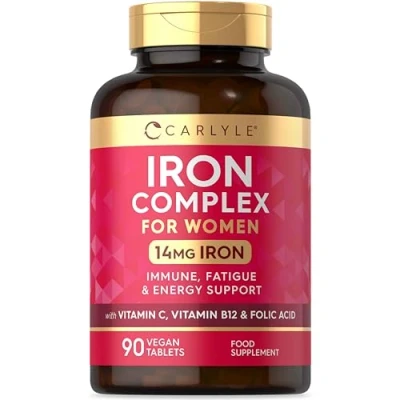 Image of Iron Supplements for Women with Vitamin B12, C and Folic Acid High Strength 14mg 90 Vegan Tablets by Carlyle