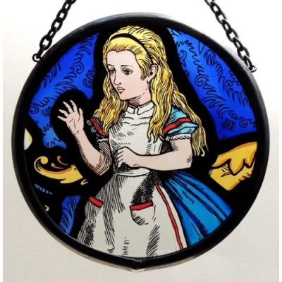 Image of Decorative Hand Painted Stained Glass Window Sun Catcher/Roundel in an Alice Wonderland Design.