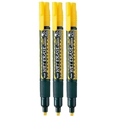 Image of Pentel Yellow Wet Erase Chalk Marker Pens Metal Glass Plastic Stone Blackboard Chalkboard 4mm Chisel Nib With 1.5mm Line Width SMW26 GO (Pack Of 3)