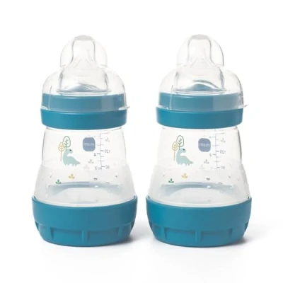Image of MAM Easy Start Self Sterilising Anti Colic Baby Bottle 2 Pack (2 x160 ml) Bottles with Slow Flow Teats Size 1, Newborn Essentials, Blue (Designs May Vary)