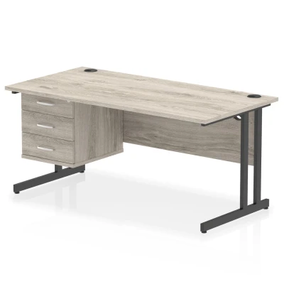 Image of Impulse 1600x800 Desk Grey Oak/Black Cantilever Leg 3 Drawer Fixed Ped