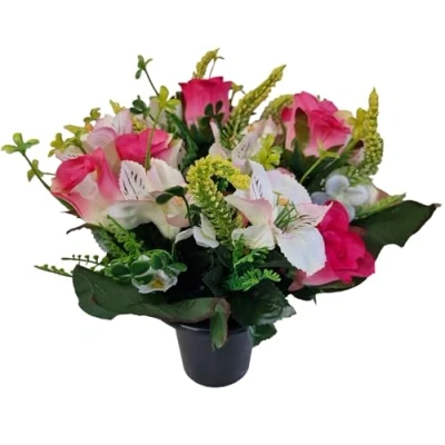 Image of INERRA Cemetery Grave Flower Pot Artificial Flowers With Pink Alstro and Roses