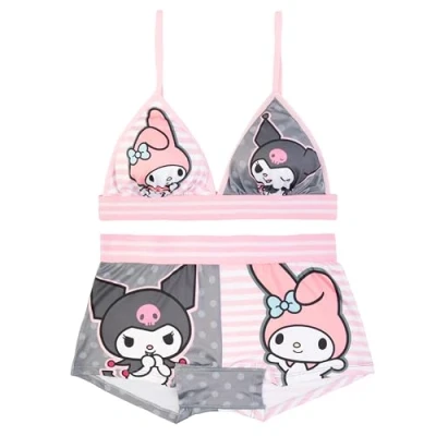 Image of Hello Kitty womens Sports Bra &amp; Boy Short Underwear Sets With Kuromi, Melodi, Keroppi More in Xxxs xl, 2 pack Triangle Kuromi S