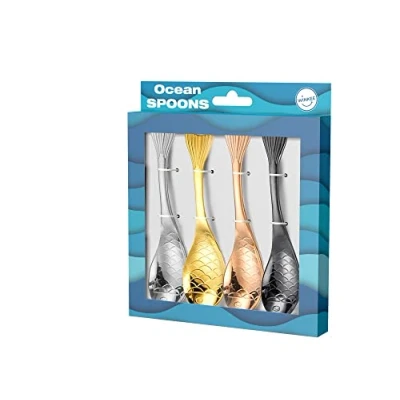 Image of Winkee Ocean Coffee Spoons Set of 4 Stylish in Trout Look Teaspoon Multicoloured Dinner Spoon Egg Stainless Steel Gift for Christmas, Birthday, Valentine&#039;s Day