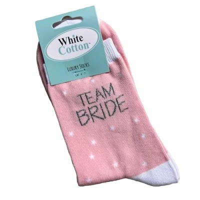 Image of WHITE COTTON CARDS TEAM BRIDE SOCKS WITH GLITTER THREAD Novelty Socks. Size UK Adults 4 7 (SK38)