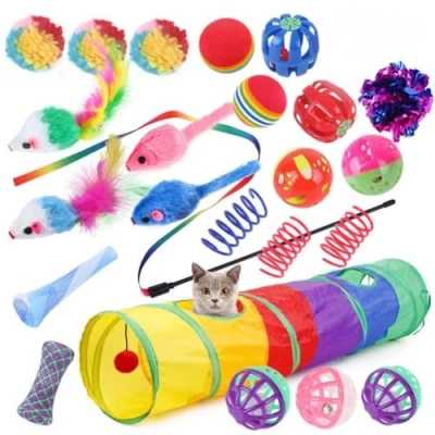 Image of 24 PCS Interactive Cat Toys Set for Indoor Cats, Kitten Assortment, Include Tunnel, Teaser Wand, Fluffy Mouse Feather Toy, Jingle Bells Balls Cats Kitty (Straight Tunnel)