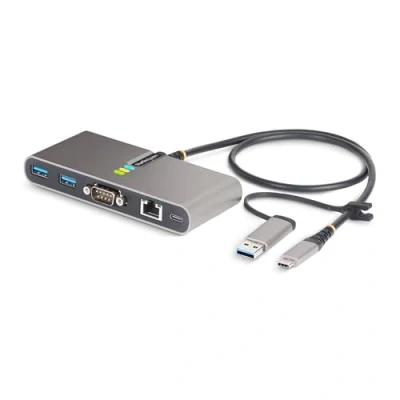 Image of StarTech.com 2 Port USB C Hub with Gb Ethernet and RS232 FTDI Serial, Attached to A Dongle, 100W PD Pass Through, 2x 5Gbps