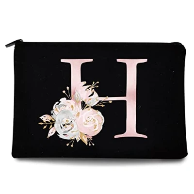 Image of 26 Letter Printed Zip Canvas Pouch Makeup Bag Make Up Bag, Cosmetic Travel Bag,Toiletry Bag,Organizer Bags,Toiletry Bags, Bride Bridesmaid Bag,Pencil Bag,Wash Bag,Coin Purse (Pink Flower H)